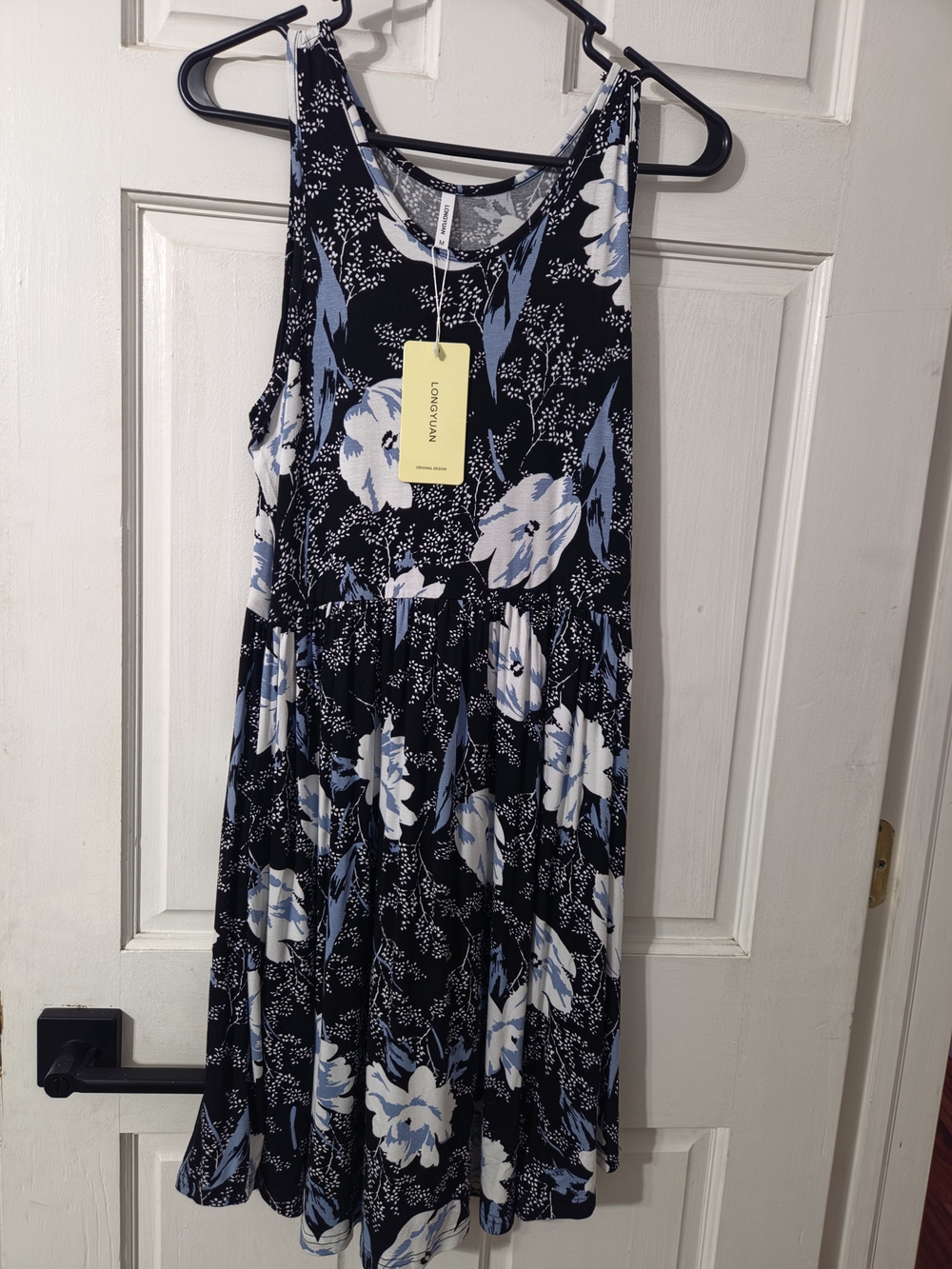 Longyuan Floral Tank Dress in Black and Light Blue